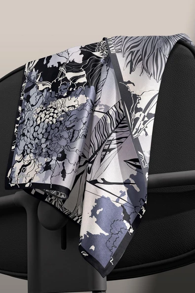 %100 Twill İpek Yaprak Desenli Gri - Siyah Renkli 90x90 Eşarp Dikim Şekli : El Dikişi - Resim 6