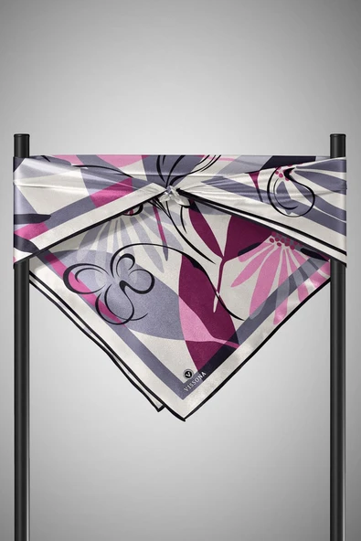 %100 Twill İpek Çiçek Desenli Gri - Siyah Renkli 90x90 Eşarp Dikim Şekli : El Dikişi - Resim 5