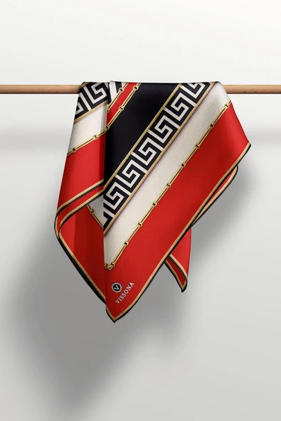 %100 Twill İpek Labirent Ve Geometrik Desenli Kırmızı - Siyah Renkli 90x90 Eşarp Dikim Şekli : El Dikişi - Resim 3