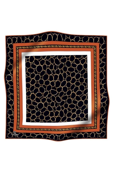 %100 Twill İpek Zincir Desenli Siyah - Taba Renkli 90x90 Eşarp Kenar Dikiş Şekli El Dikişli - Resim 2