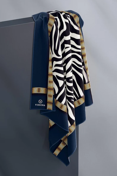 % 57 İPEK % 43 VİSKON Twill İpek Zebra Desenli Lacivert - Gold Renkli 90x90 Eşarp Dikim Şekli : El Dikişi - Resim 4