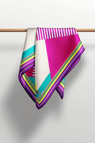 %100 Twill İpek Geometrik Desenli Fuşya - Mor Renkli 90x90 Eşarp Dikim Şekli : El Dikişi - Resim 4