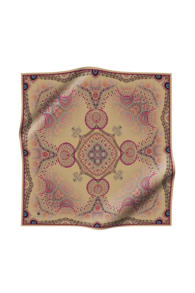 %100 Twill İpek Şal Desenli Bej Renkli 90x90 Eşarp Dikim Şekli : El Dikişi - Resim 2