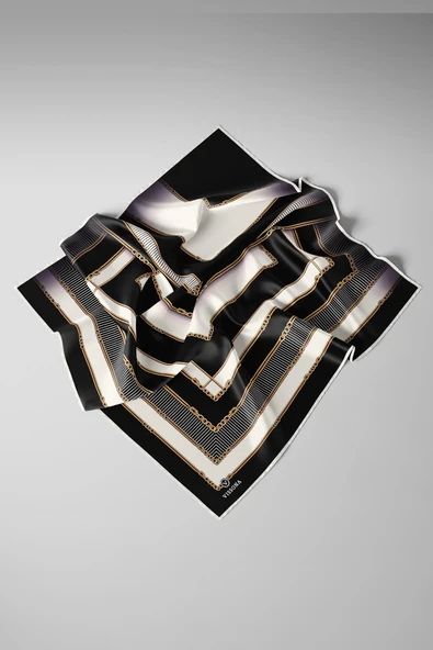 %100 Twill İpek Zincir Detaylı Geometrik Desenli Siyah - Krem Renkli 90x90 Eşarp Dikim Şekli : El Dikişi - Resim 3