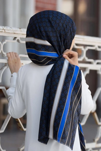 %100 İpek Monogram Desenli Siyah - Saks Renkli 92x210 Şal - Resim 2