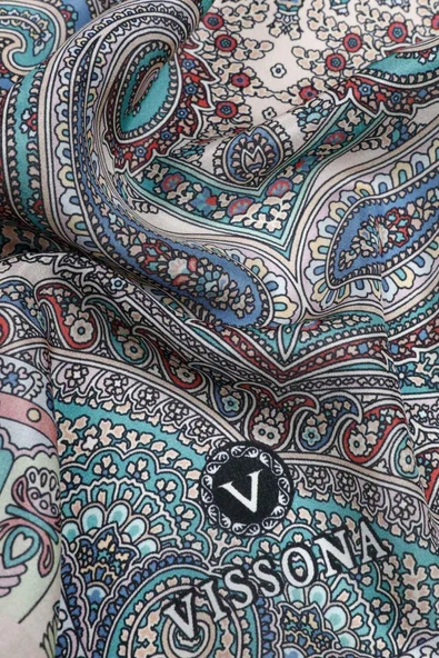 100% İPEK ETRO DESENLİ PUDRA RENKLİ ŞAL - Resim 3