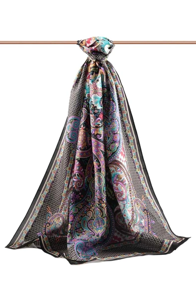 %100 İPEK ETRO DESENLİ SİYAH - MOR RENKLİ ŞAL - Resim 2