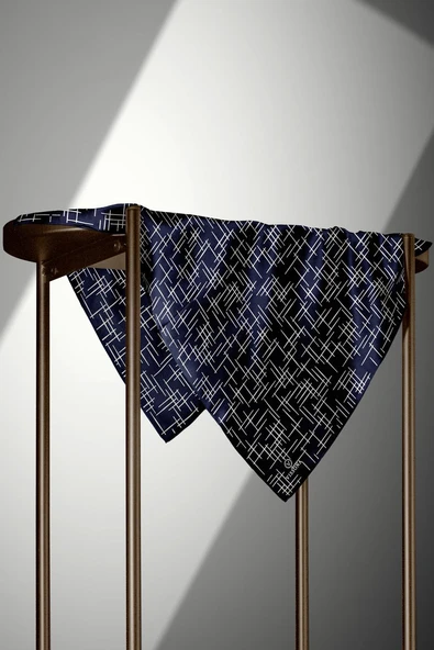 %100 Twill İpek Çizgi Desenli Lacivert - Krem Renkli 90x90 Eşarp Dikim Şekli : El Dikişi - Resim 6