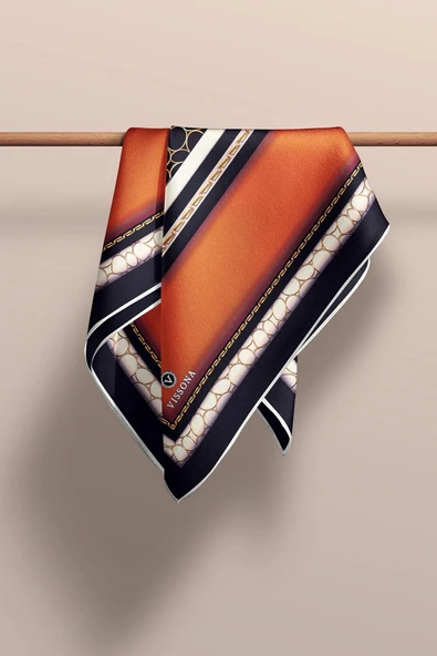 % 57 İPEK % 43 VİSKON Twill İpek Gold Halka Desenli Taba - Siyah Renkli 90x90 Eşarp Dikim Şekli : El Dikişi - Resim 5