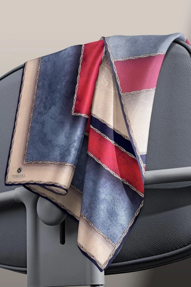 %100 Twill İpek Dokulu Geometrik Desenli Bordo - İndigo Renkli 90x90 Eşarp Dikim Şekli : El Dikişi - Resim 3