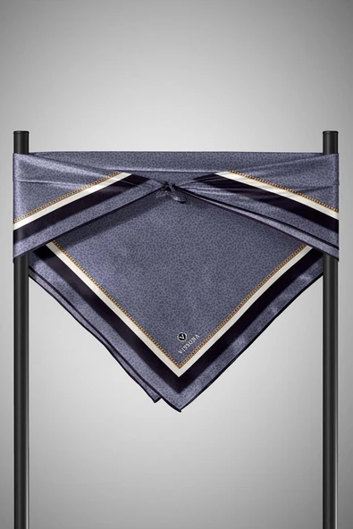 %100 Twill İpek Leopar Desenli Gri Renkli 90x90 Eşarp Dikim Şekli : El Dikişi - Resim 6