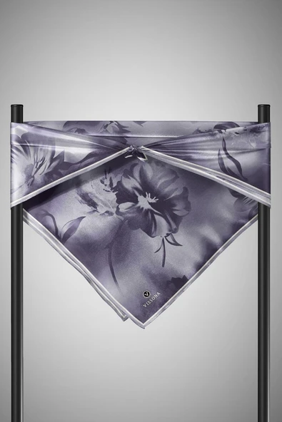 % 57 İPEK % 43 VİSKON Twill İpek Çiçek Desenli Gümüş Renkli 90x90 Dikim Şekli : El Dikişi Eşarp - Resim 6