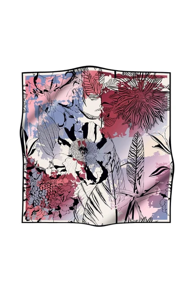 %100 Twill İpek Yaprak Desenli İndigo - Bordo Renkli 90x90 Eşarp Dikim Şekli : El Dikişi - Resim 2