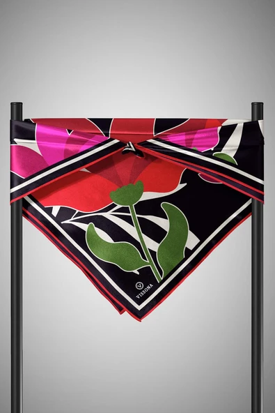 %100 Twill İpek Yaprak Desenli Kırmızı - Pembe Renkli 90x90 Eşarp Dikim Şekli : El Dikişi - Resim 6