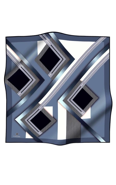 %100 Twill İpek Zebra Desenli İndigo - Siyah Renkli 90x90 Eşarp Dikim Şekli : El Dikişi - Resim 2