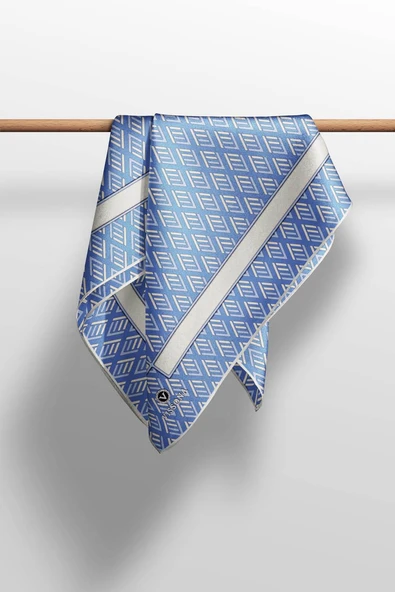 % 57 İPEK % 43 VİSKON Twill İpek Geometrik Desenli İndigo - Krem Renkli 90x90 Eşarp Dikim Şekli : El Dikişi - Resim 5