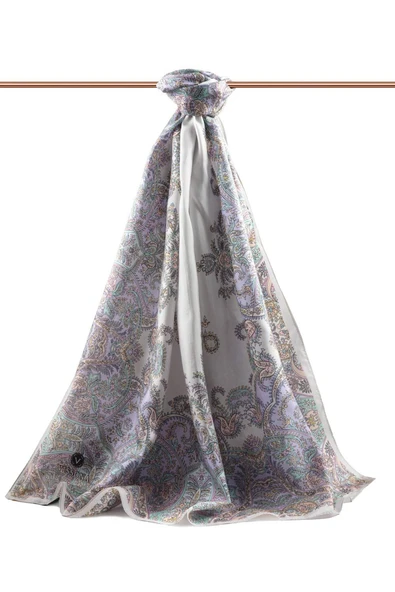 %100 İpek Etnik Desenli Gümüş Renkli 92x210 Şal - Resim 2