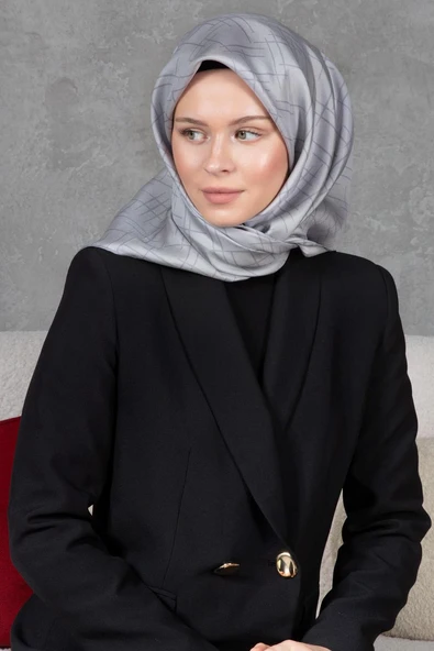 %100 Twill İpek Çizgi Desenli Gri Renkli 90x90 Eşarp Dikim Şekli : El Dikişi - Resim 2
