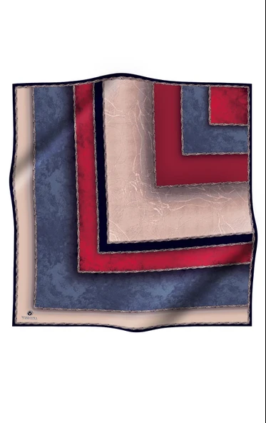%100 Twill İpek Dokulu Geometrik Desenli Bordo - İndigo Renkli 90x90 Eşarp Dikim Şekli : El Dikişi - Resim 2
