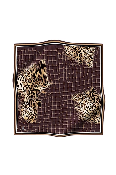 %100 Twill İpek Leopar Desenli Sütlükahverengi Renkli 90x90 Eşarp Dikim Şekli : El Dikişi - Resim 2