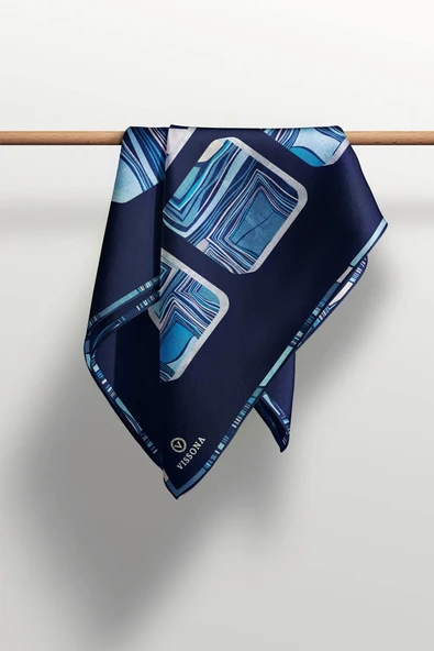 %100 Twill İpek Geometrik Kare Desenli İndigo - Lacivert Renkli 90x90 Eşarp Dikim Şekli : El Dikişi - Resim 4