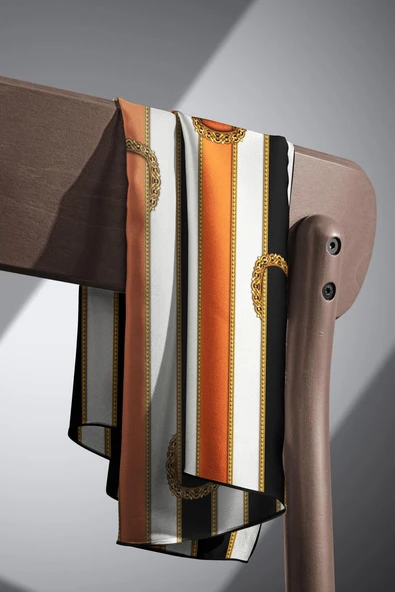 %100 Twill İpek Kemer Desenli Siyah - Turuncu Renkli 90x90 Eşarp Dikim Şekli : El Dikişi - Resim 3