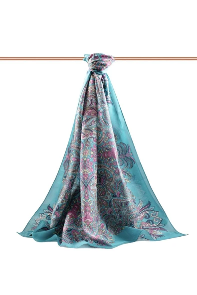 100% İpek Etro Desenli Petrol Yeşili - Pembe Renkli 92x210 Şal - Resim 2