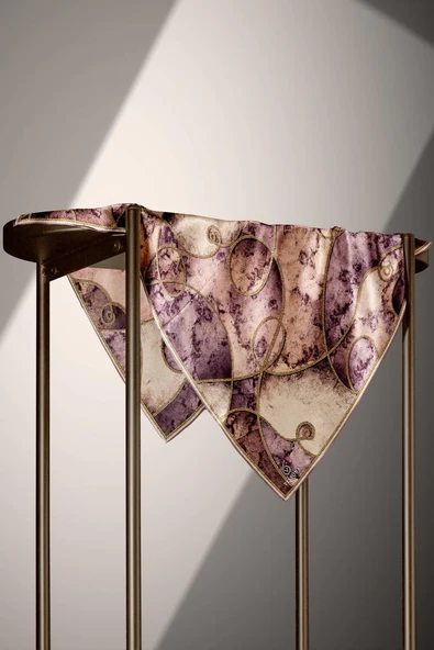 %100 Twill İpek Zincirli Mermer Desenli Gül Kurusu - Vizon Renkli 90x90 Eşarp Dikim Şekli : El Dikişi - Resim 5