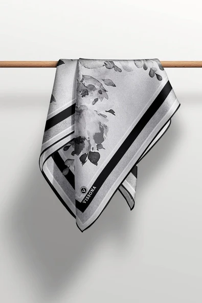 %100 Twill İpek Bahar Çiçekleri Desenli Siyah - Beyaz Renkli 90x90 Eşarp Dikim Şekli : El Dikişi - Resim 5