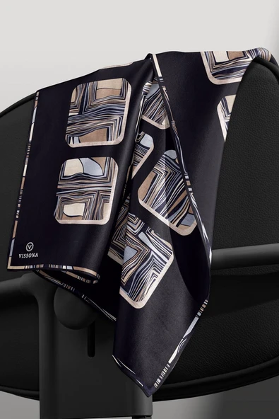 %100 Twill İpek Geometrik Kare Desenli Siyah - Gri Renkli 90x90 Eşarp Dikim Şekli : El Dikişi - Resim 6