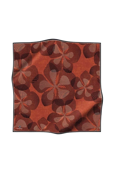 %100 Twill İpek Çizgili Çiçek Desenli Kiremit - Siyahi Renkli 90x90 Eşarp Dikim Şekli : El Dikişi - Resim 2