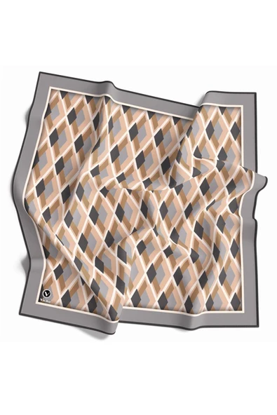 Kristal Geometrik Desenli Gri - Bej Renkli 90x90 Eşarp (İpek İçermez) Dikim Şekli : El Dikişi ürün görseli