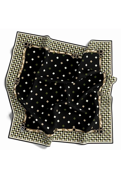 Kristal Kareli Kemer Desenli Haki Renkli 90x90 Eşarp (İpek İçermez) Dikim Şekli : El Dikişi ürün görseli