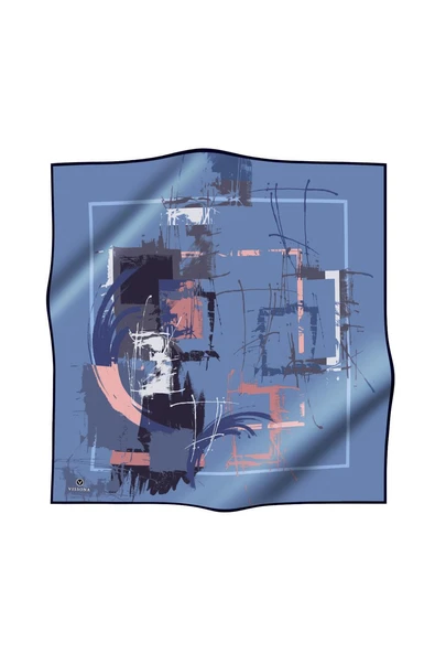 % 57 İPEK % 43 VİSKON Twill İpek Geometrik Desenli İndigo - Gül Kurusu Renkli 90x90 Eşarp Dikim Şekli : El Dikişi - Resim 2