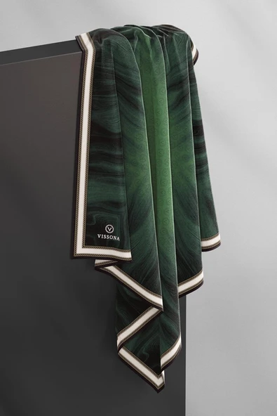 100% Twill İpek Monogram Desenli Zümrüt Yeşili Renkli 90x90 Dikim Şekli : El Dikişi Eşarp - Resim 4