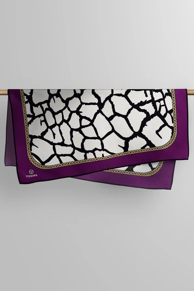 %100 Twill Taş Desenli Mürdüm - Krem Renkli 90x90 Eşarp Dikim Şekli: El Dikişi - Resim 4