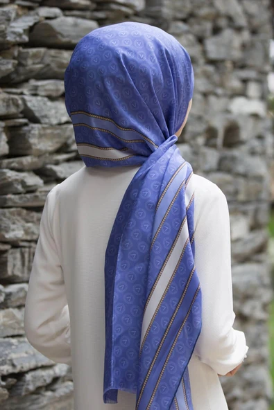 %100 İpek Monogram Desenli Lila - Krem Renkli 92x210 Şal ürün görseli