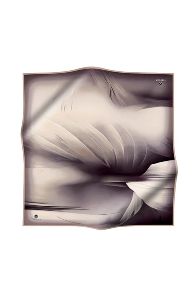 %100 Twill İpek Duman Desenli Bej Renkli 90x90 Eşarp Dikim Şekli : El Dikişi - Resim 2