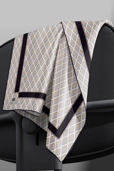 % 57 İPEK % 43 VİSKON Twill İpek Geometrik Desenli Gri - Bej Renkli 90x90 Eşarp Dikim Şekli : El Dikişi - Resim 4