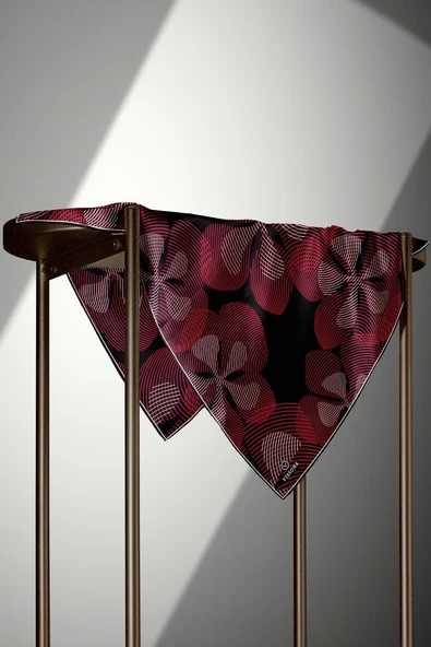 %100 Twill İpek Çizgili Çiçek Desenli Siyah - Bordo Renkli 90x90 Eşarp Dikim Şekli : El Dikişi - Resim 4