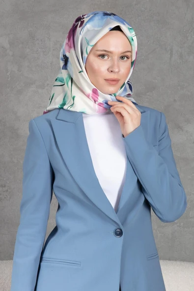 %100 Twill İpek Çiçek Desenli Gül Kurusu - İndigo Renkli 90x90 Dikim Şekli : El Dikişi Eşarp - Resim 2