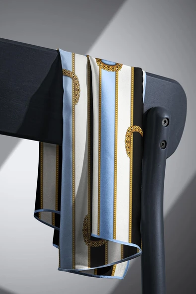 %100 Twill İpek Kemer Desenli Siyah - Bebe Mavisi Renkli 90x90 Eşarp Dikim Şekli : El Dikişi - Resim 3