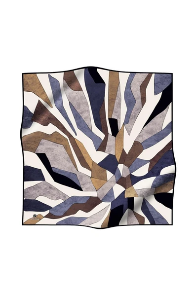 %100 Twill İpek Geometrik Desenli Bej - Gri Renkli 90x90 Eşarp Dikim Şekli : El Dikişi - Resim 2