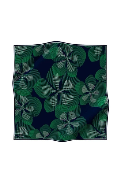 %100 Twill İpek Çizgili Çiçek Desenli Lacivert - Zümrüt Yeşili Renkli 90x90 Eşarp Dikim Şekli : El Dikişi - Resim 2