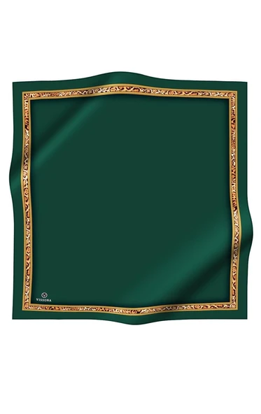 %100 Twill İpek Bordürü Leoparlı Düz Desenli Zümrüt Yeşili - Gold Renkli 90x90 Eşarp Dikim Şekli : El Dikişi - Resim 2