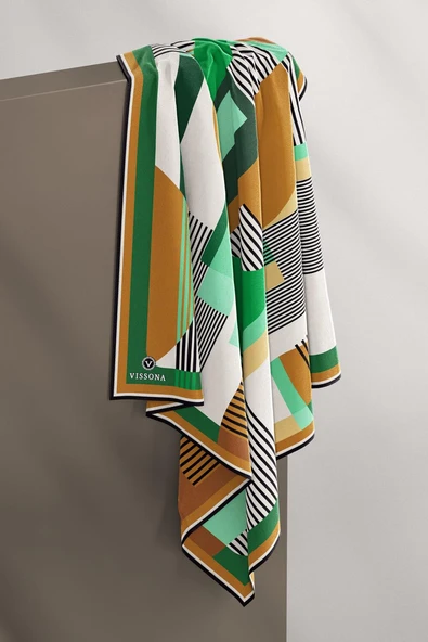 100% Twill İpek Geometrik Desenli Zümrüt Yeşili - Hardal Renkli 90x90 Dikim Şekli : El Dikişi Eşarp - Resim 3