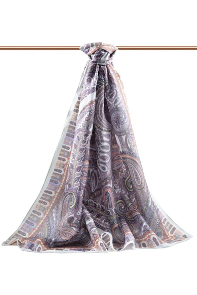 100% İPEK ETRO DESENLİ BEBE MAVİSİ - TABA RENKLİ ŞAL - Resim 2