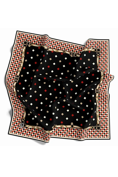 Kristal Kareli Kemer Desenli Kırmızı Renkli 90x90 Eşarp (İpek İçermez) Dikim Şekli : El Dikişi ürün görseli