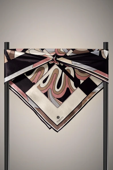 100% Twill İpek Geometrik Desenli Gri - Pudra Renkli 90x90 Dikim Şekli : El Dikişi Eşarp - Resim 3