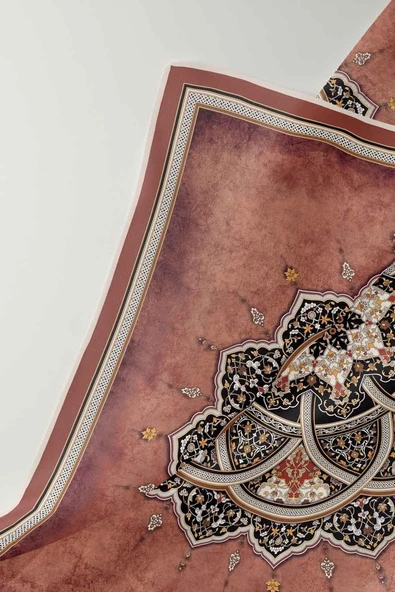 %100 Twill İpek Şal Desenli Taba - Siyah Renkli 90x90 Eşarp Dikim Şekli : El Dikişi - Resim 4